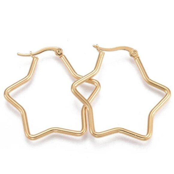 1 1/4 Inch 35mm Hoop Gold Star Pierced Post Earrings - Picture 3 of 4